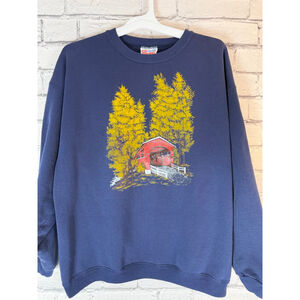 Unisex Vintage 90’s Hanes Sweatshirt size XL Blue Yellow Covered Bridge Graphic
